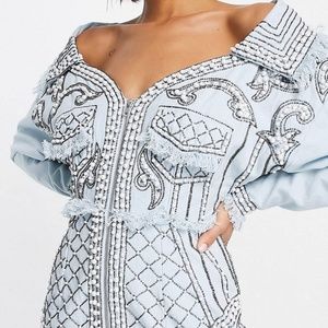 ASOS DESIGN off shoulder structured mini dress with pearl embellishment & collar
